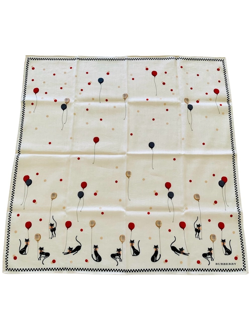 BURBERRY Black Cats & Balloons Handkerchief Scarf 22.25” Ivory Cotton EUC Japan